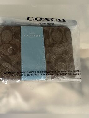 Coach Brown Signature Canvas Key & Card Holder with Light Blue Accent